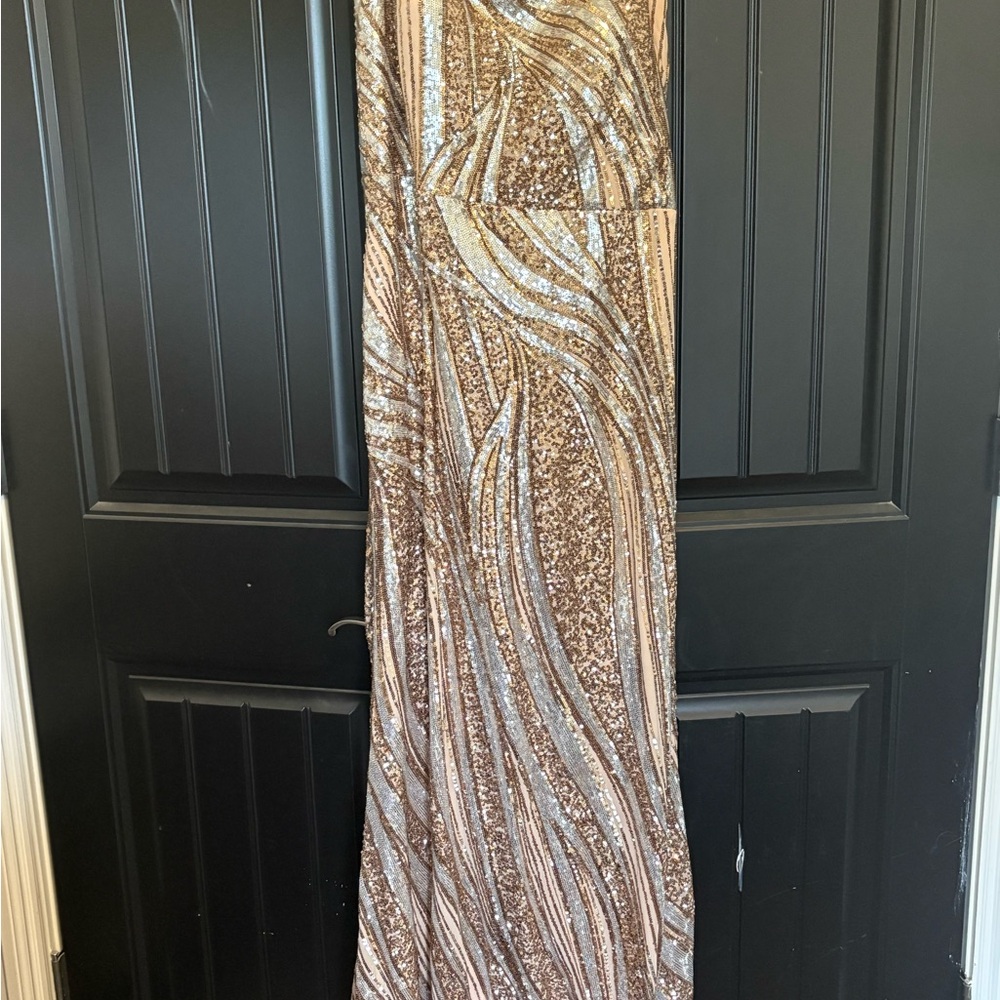 Morgan & Co. Metallic One Shoulder Dress
